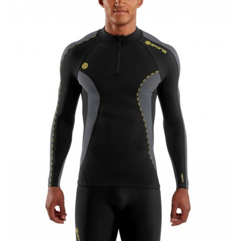 Pánské kompresní tričko SKINS DNAmic Thermal L/S Mock Neck with zip Black/Pewter