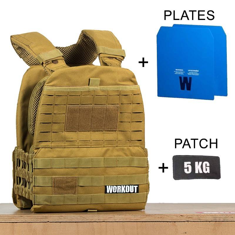 Zátěžová taktická plátová vesta 5 kg WORKOUT 3.0 - Khaki + nášivka