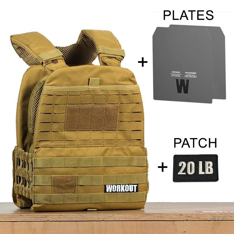 Zátěžová taktická plátová vesta 20 lb WORKOUT 3.0 - Khaki + nášivka (pro WOD Murph)