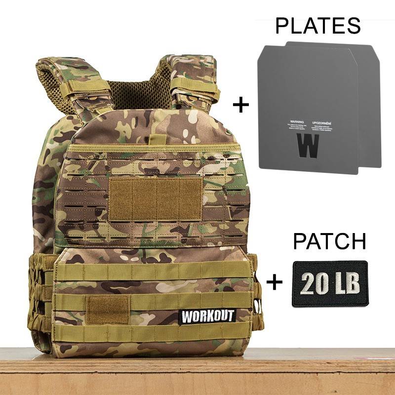 Zátěžová taktická plátová vesta 20 lb WORKOUT 3.0 - Camo + nášivka (pro WOD Murph)