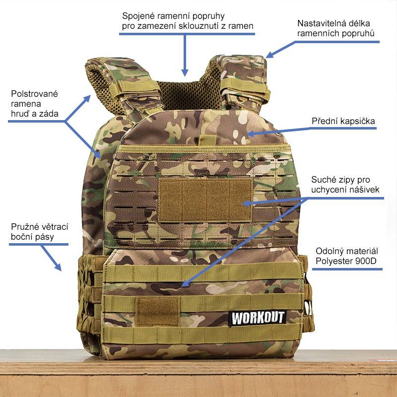 Tactical Plate Weight Vest 20 LB WORKOUT 3.0 - Camo + Velcro patch (for WOD Murph)