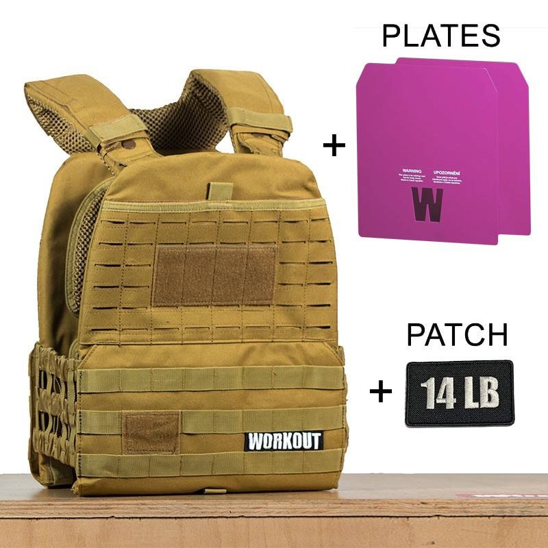 Tactical Plate Weight Vest 14 LB WORKOUT 3.0 - Khaki + Velcro patch (for WOD Murph)