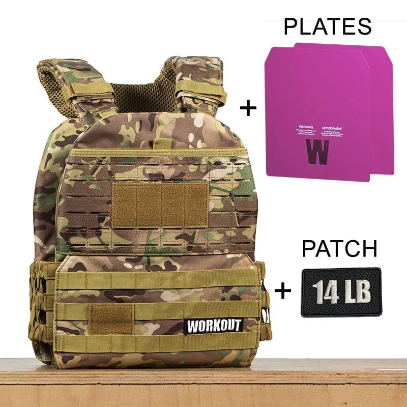 Tactical Plate Weight Vest 14 LB WORKOUT 3.0 - Camo + Velcro patch (for WOD Murph)