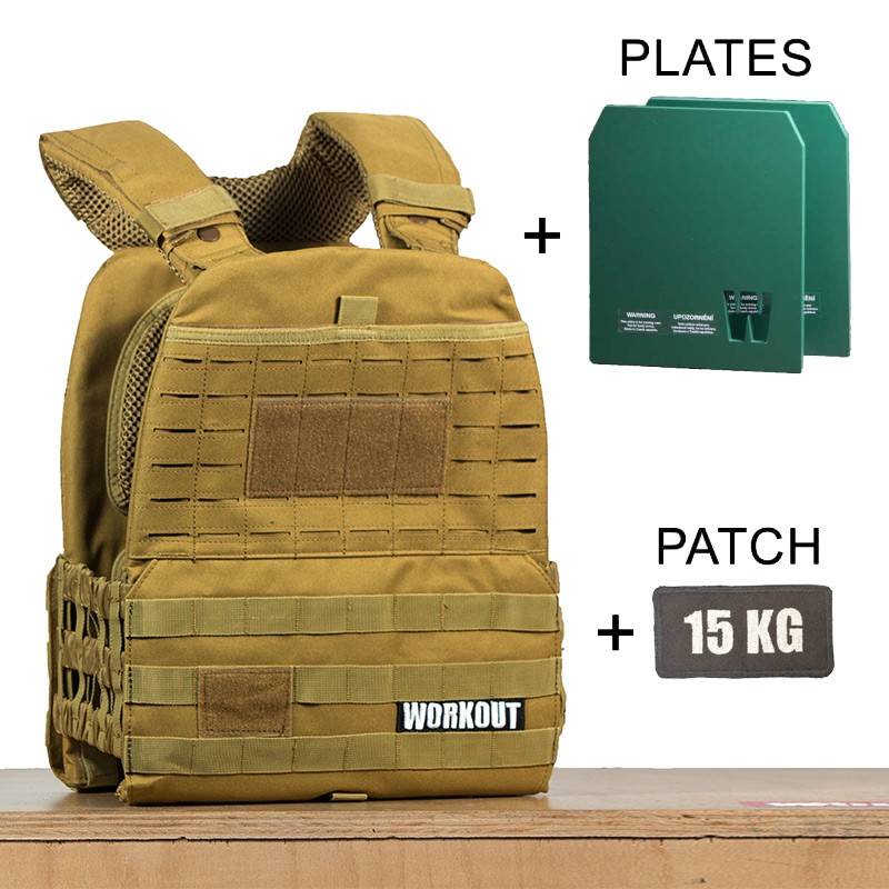 Tactical Plate Weighted Vest 15 kg WORKOUT 3.0 - Khaki + Velcro patch 15 kg