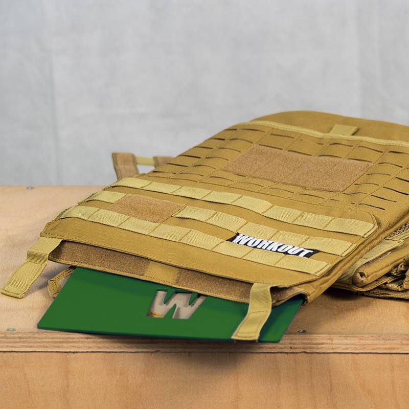 Zátěžová taktická plátová vesta 15 kg WORKOUT 3.0 - khaki + nášivka