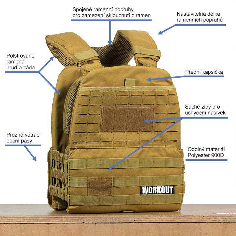 Tactical Plate Weight Vest 10 kg WORKOUT 3.0 - Khaki + Velcro patch