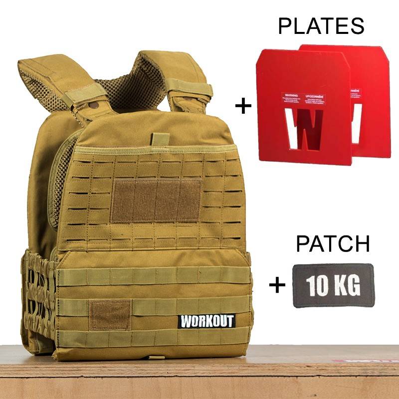 Zátěžová taktická plátová vesta 10 kg WORKOUT 3.0 - khaki + nášivka