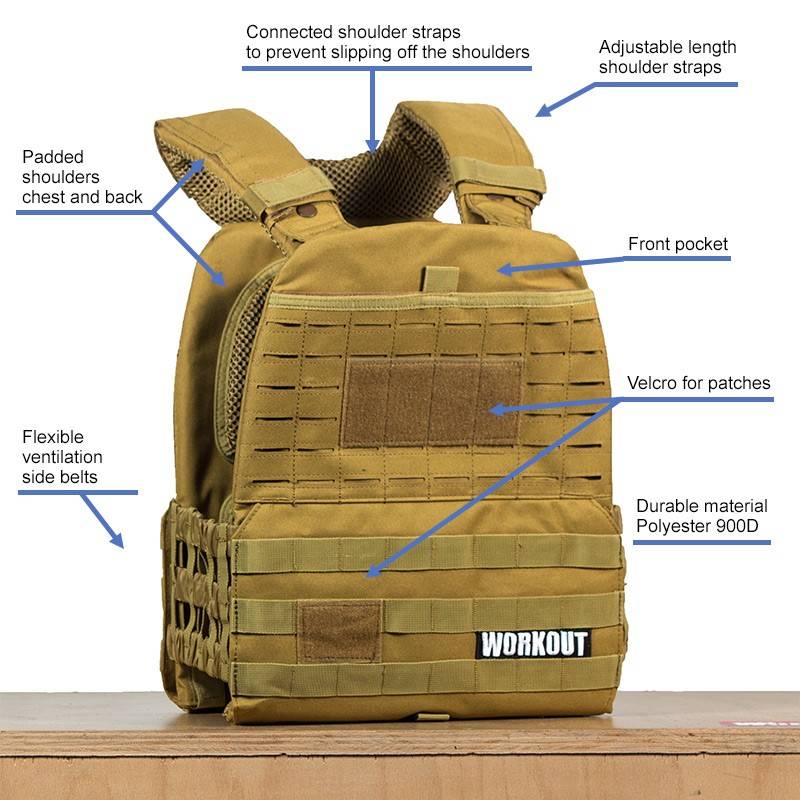 Zátěžová taktická plátová vesta 10 kg WORKOUT 3.0 - khaki + nášivka