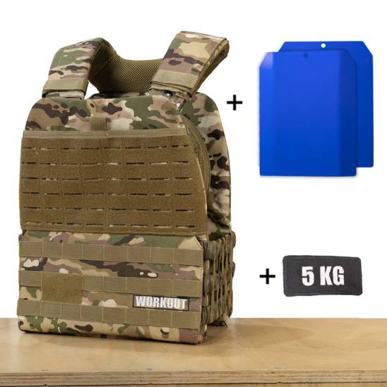 Zátěžová taktická plátová vesta 5 kg WORKOUT 3.0 - Camo + nášivka