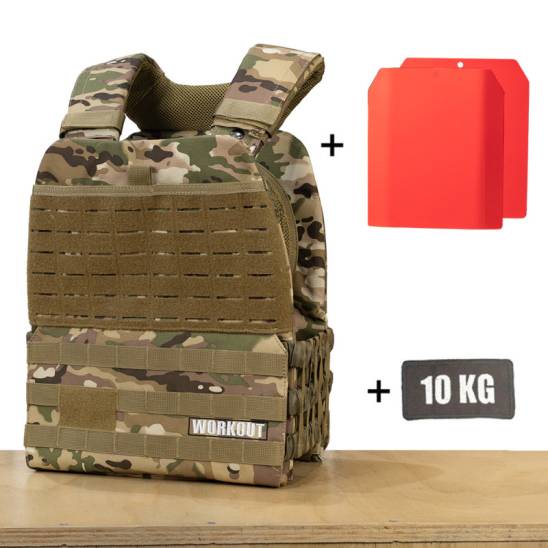 Zátěžová taktická plátová vesta 10 kg WORKOUT 3.0 - Camo + nášivka