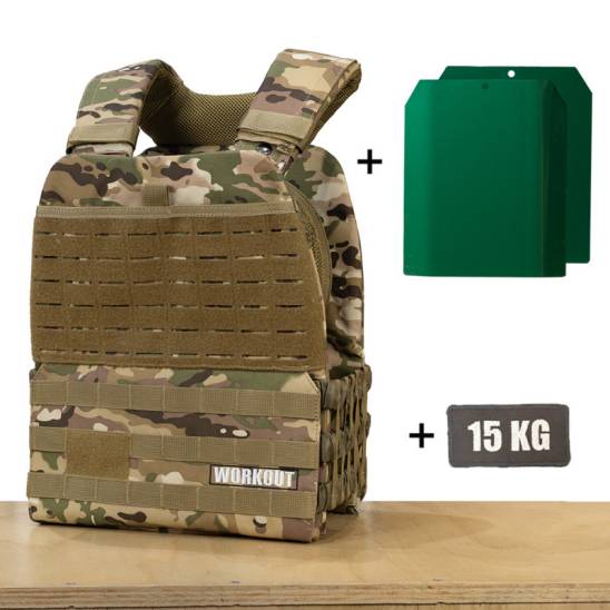 Zátěžová taktická plátová vesta 15 kg WORKOUT 3.0 - Camo + nášivka
